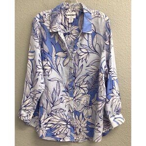 Halston Women’s Linen Blue Floral Roll Tab Sleeve Button Shirt Size 1X Classic